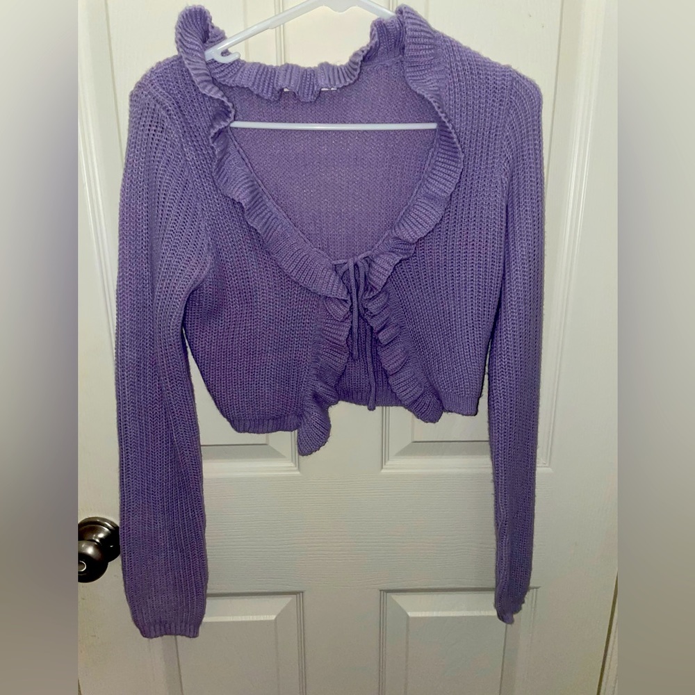 purple crochet tie front sweater